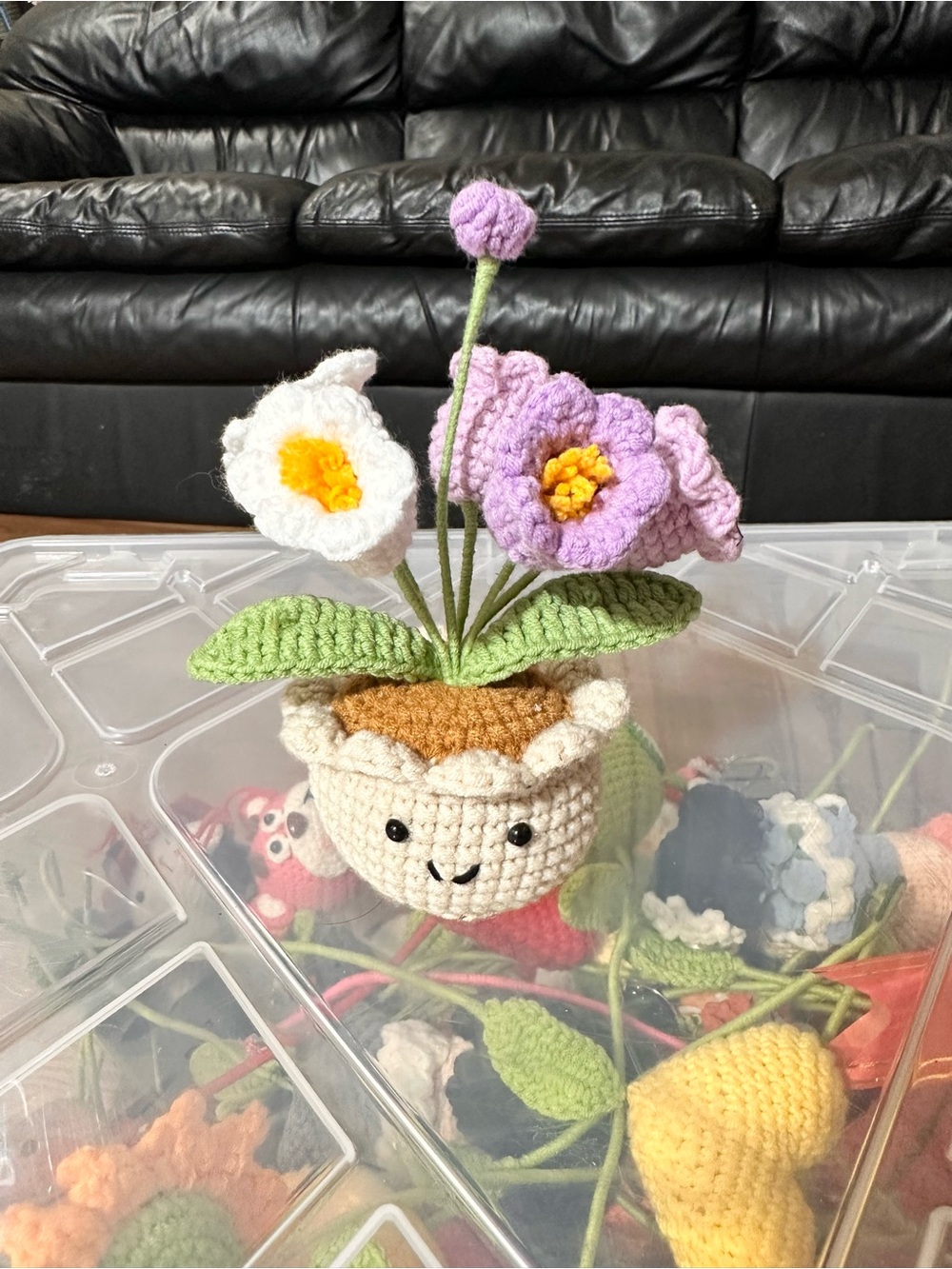 Handmade Crocheted Smiling Flower Pot with Purple & White Blooms